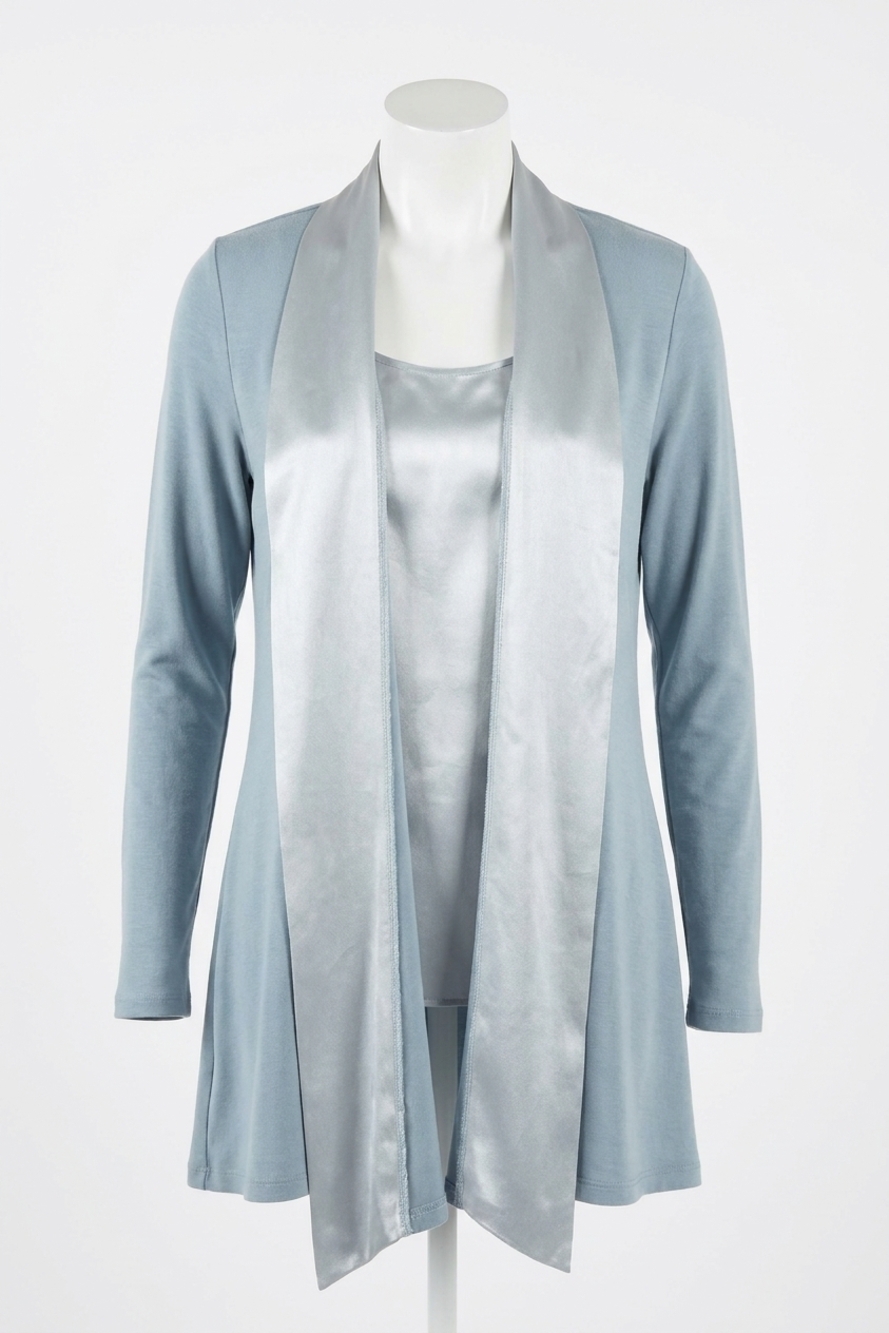 NEW PJ HARLOW shelby satin trimmed robe with pockets in morning blue